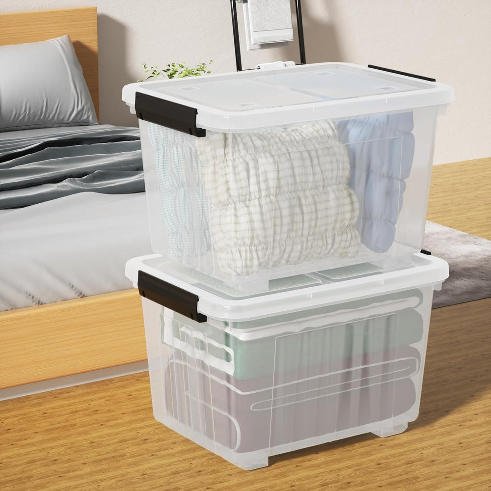 4-Pack 50 Quart Plastic Storage Bin, Stackable Wheeled Box, Clear