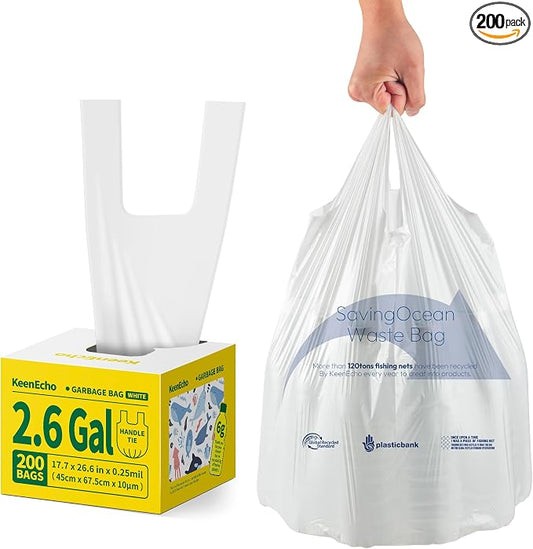 Small Trash Bags with Handles 2.6 Gallon 200 Count White by KeenEcho