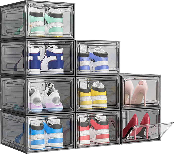 Shoe Storage Box, 9 Pcs Shoe Box Clear Plastic Stackable, Sturdy Foldable Shoe Organizer Containers with Magnetic Door for Women/Men, Black