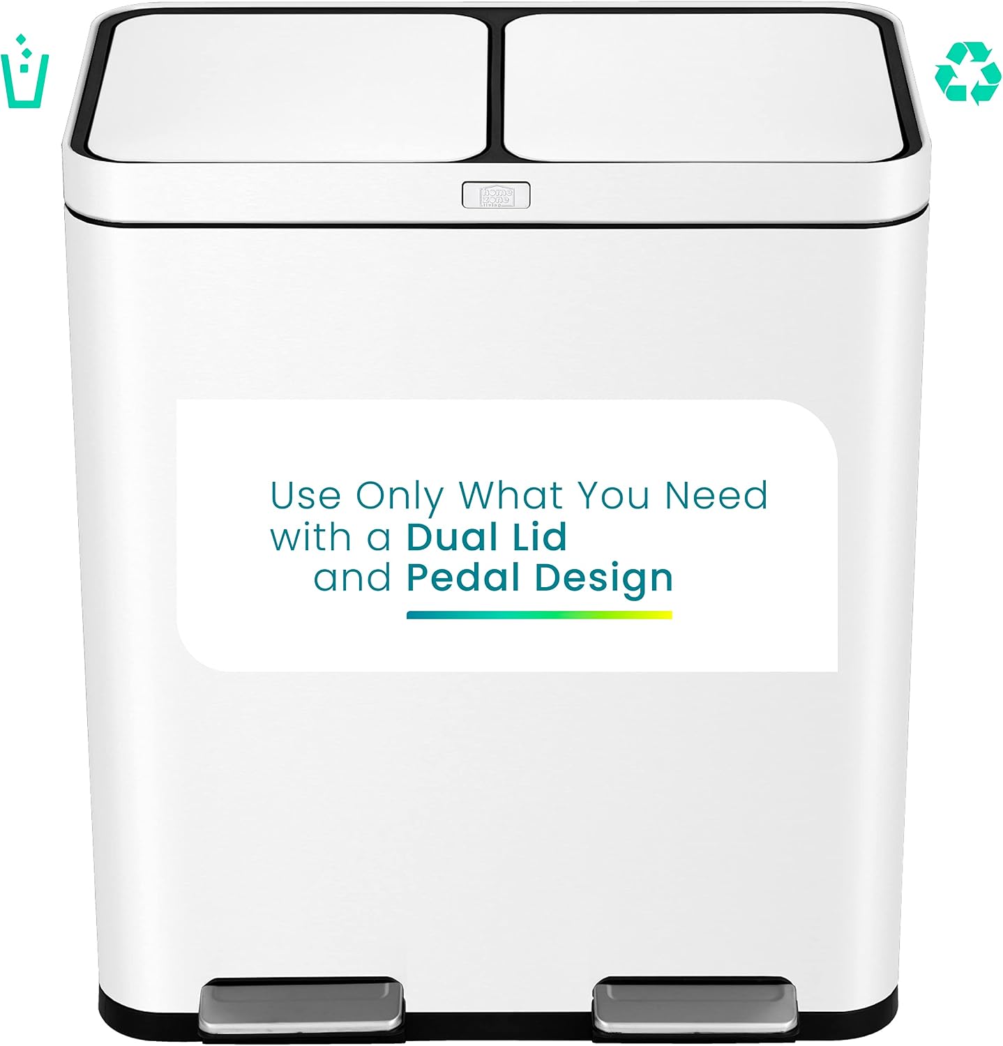 Home Zone Living 16 Gallon Kitchen Trash Can with Dual Compartments for Recycling, CleanAura Odor Control, Stainless Steel, Matte White, 60 Liters Total