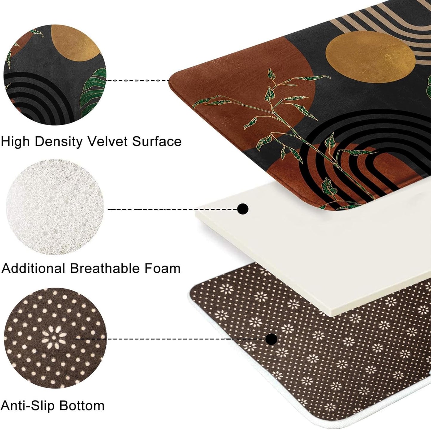 Britimes Boho Abstract Tropical Gold Botanical Bathroom Rug Mat Set of 2, Washable Cover Floor Rug Carpets Floor Bath Mat Bathroom Decorations 16x24 and 20x32 Inches