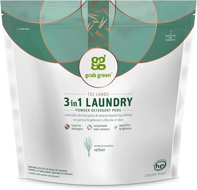 Grab Green 3-in-1 Laundry Detergent Pods, Vetiver Scent, Plant and Mineral Based by GrabGreen