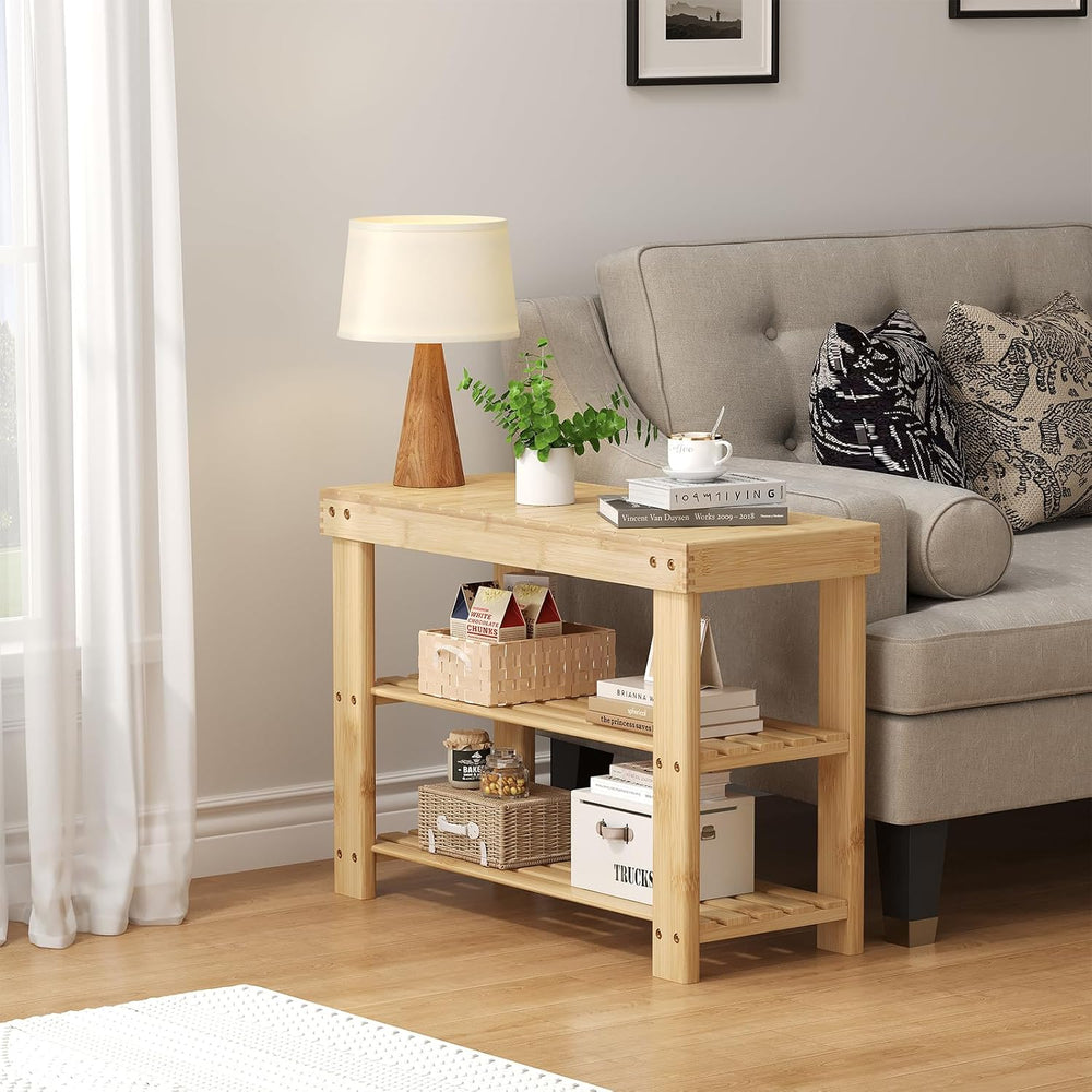 NEWBULIG Shoe Rack Bench, 3-Tier Bamboo Organizer, 11x28x18in, Wood
