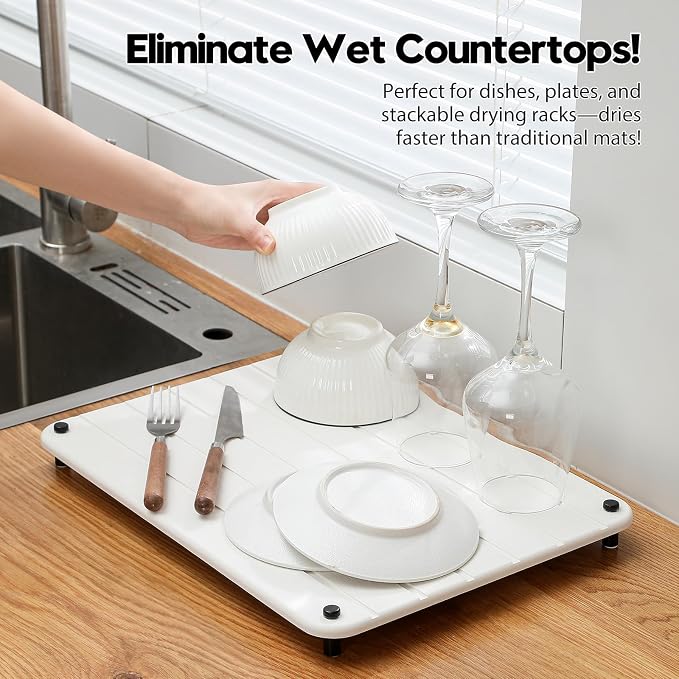 Stone Dish Drying Mat for Kitchen Counter, Water Absorbing Bathroom Tray Sink - Image 3