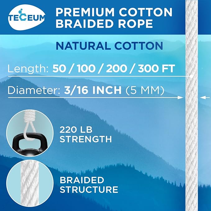 TECEUM Cotton Rope 3/16” – 100 FT – Strong All-Purpose Braided Rope – Natural - Image 2