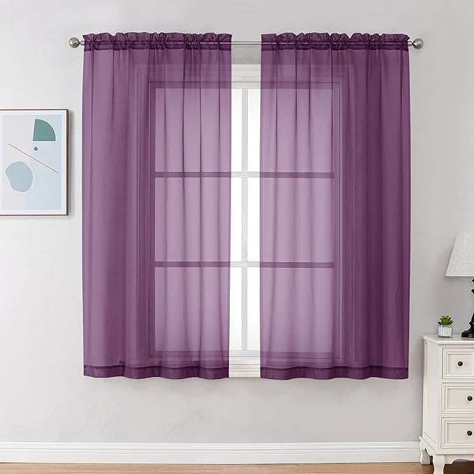 Chyhomenyc Plum Sheer Curtains 63 Inch Length 2 Panels, Rod Pocket Solid Window by Chyhomenyc
