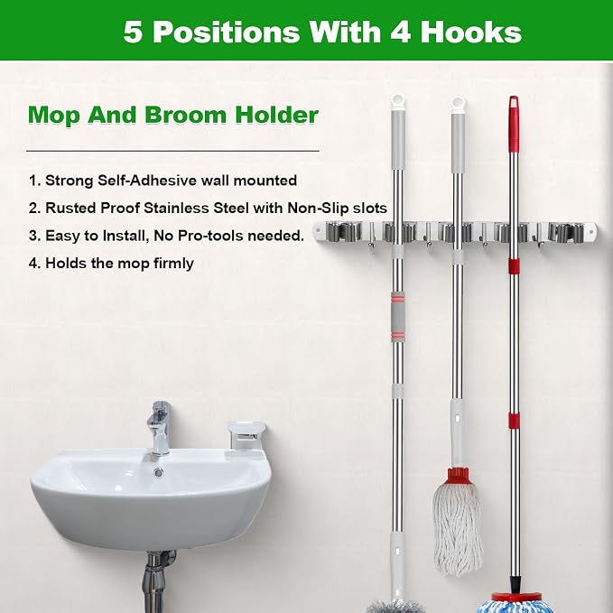 voze 5 Racks and 4 Hooks Mop and Broom Holder Wall Mount, Self Adhesive Heavy - Image 2
