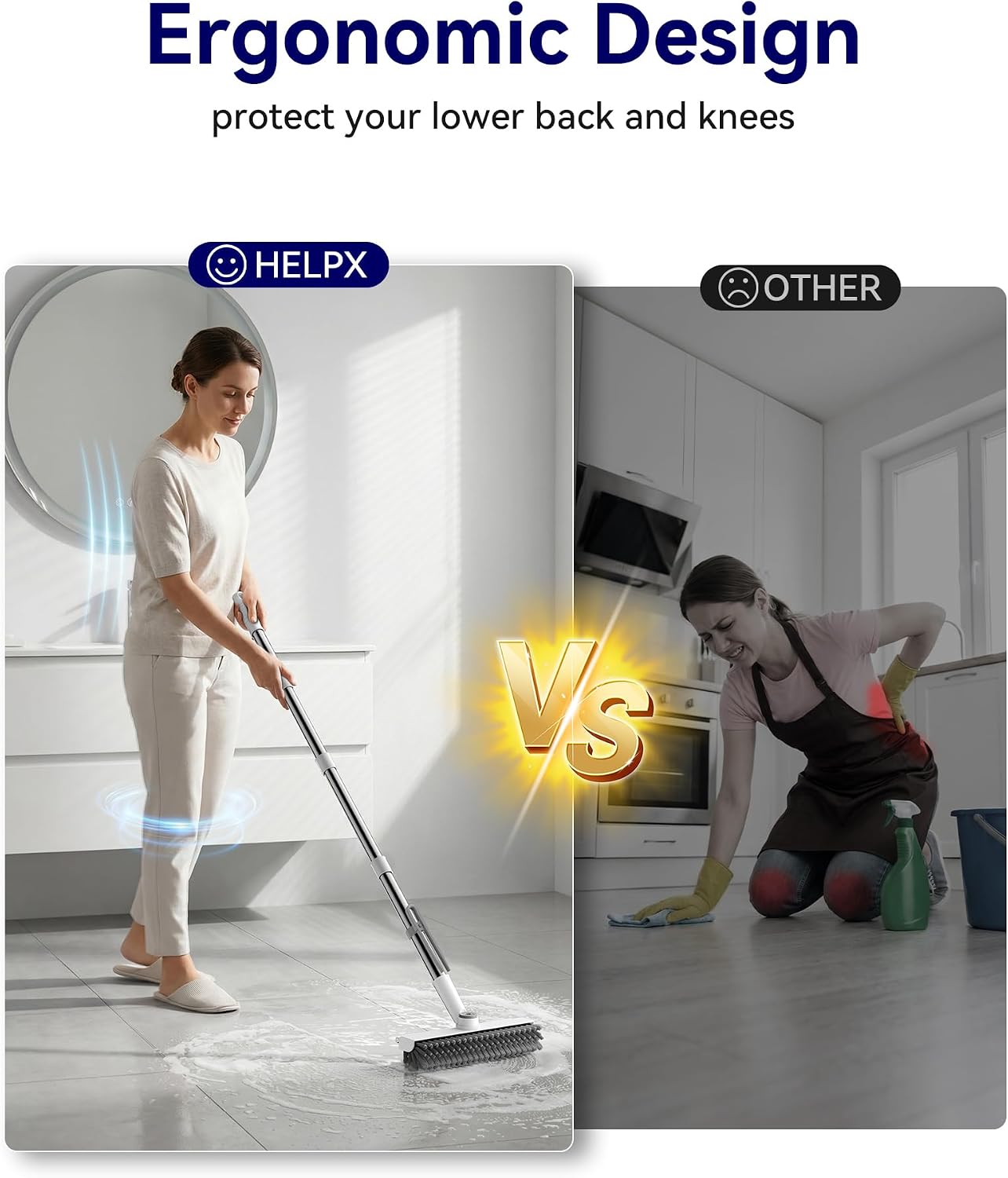 3 in 1 Adjustable Small Floor Scrub Brush with Long Handle | 360 rotating head Right-angle Heavy-Duty Stiff Bristle with Squeegee and Tweezer for Cleaning Bathroom Tile Patio and Kitchen