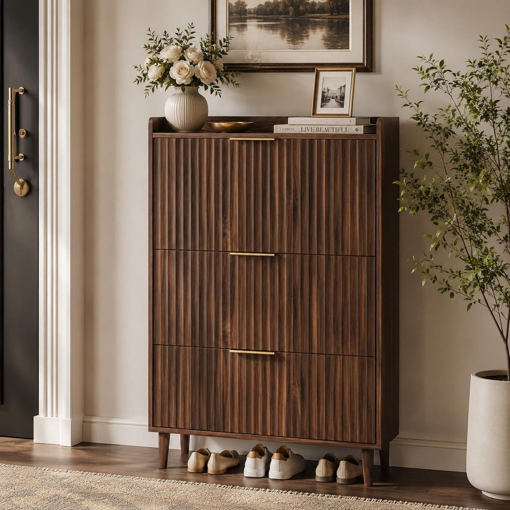 VINGLI Fluted Shoe Storage Cabinet for Entryway with 3 Flip Drawers, Narrow S...