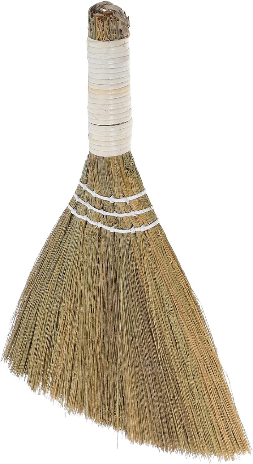 STOBAZA Handheld Small Soft Straw Broom 20x28cm with White Handle, Handmade Asian Straw Whisk Broom for Indoor Dust Removal and Pet Hair Cleaning