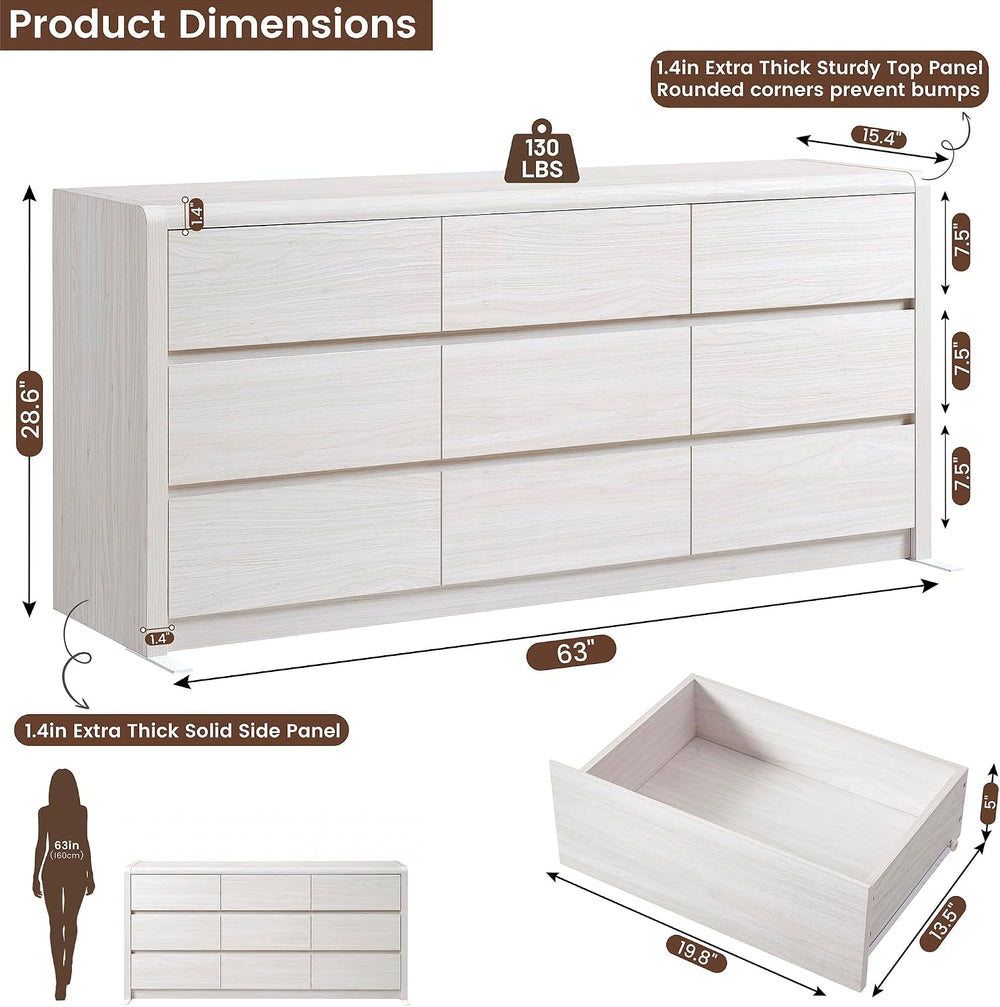 63” Wide Large Dresser with 9 Drawers, White Dresser for Bedroom, Mid Century...
