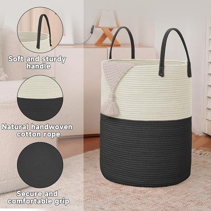 Large Woven Laundry Basket Hamper, 100L Cotton Rope Storage Bin - Image 6