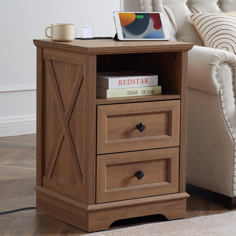 Farmhouse X-Pattern 2 Drawers Dresser,Natural Oak Small Dresser for Bedroom