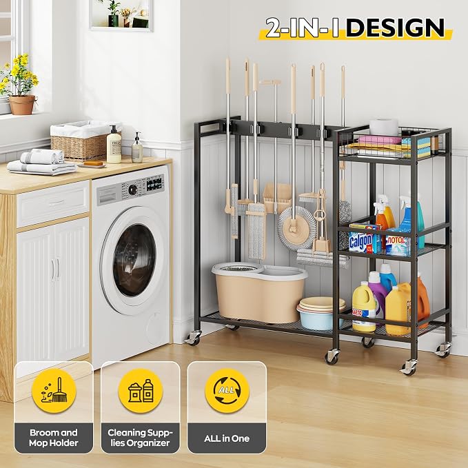 Broom Holder with Cleaning Supplies Organizer, Movable Broom Closet Storage - Image 3