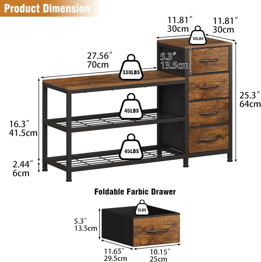 EXOTICA Industrial Shoe Storage Bench with 4 Drawers & Seat, Rustic Brown
