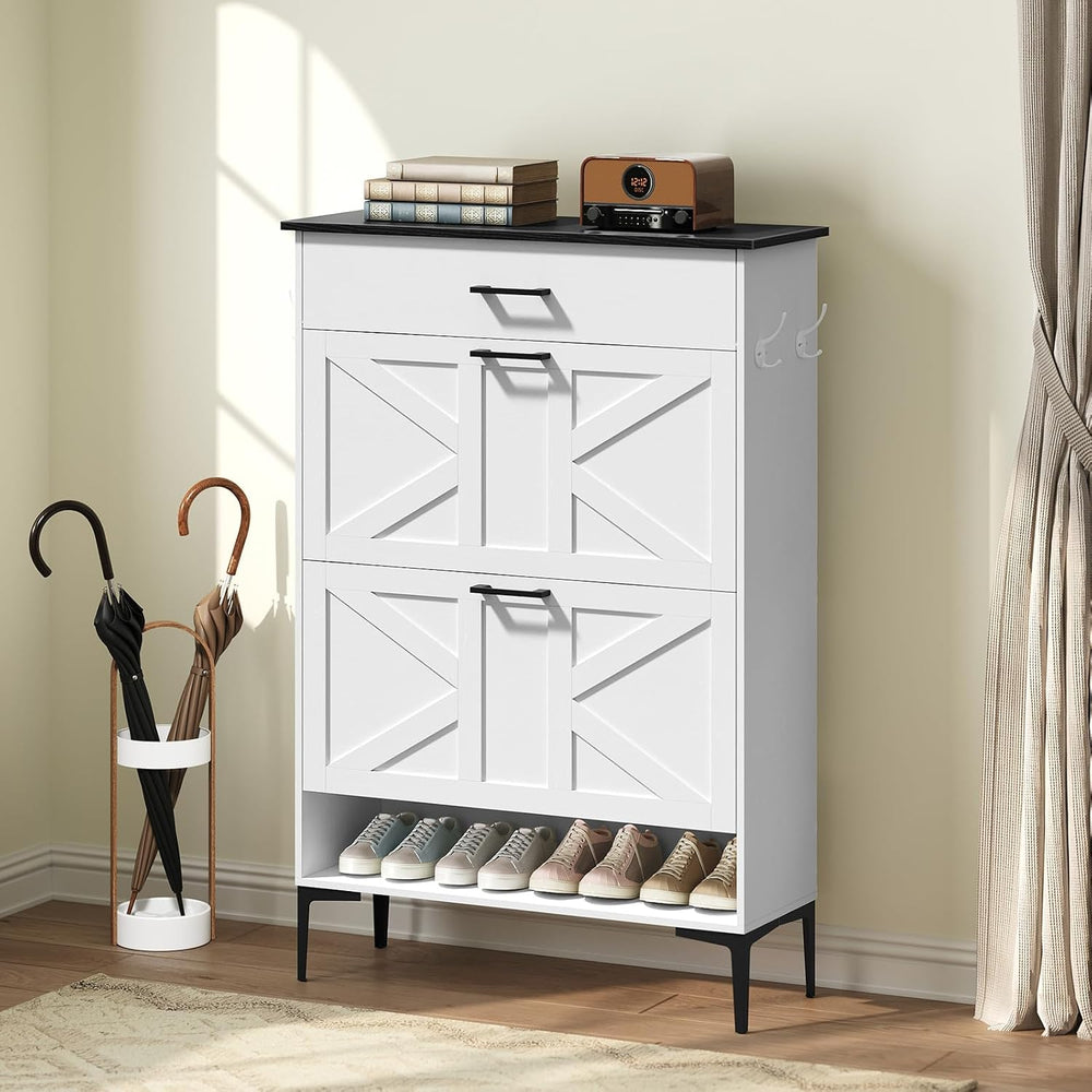 MAHANCRIS Shoe Cabinet with 2 Flip Drawers, Farmhouse Shoe Storage Cabinet fo...
