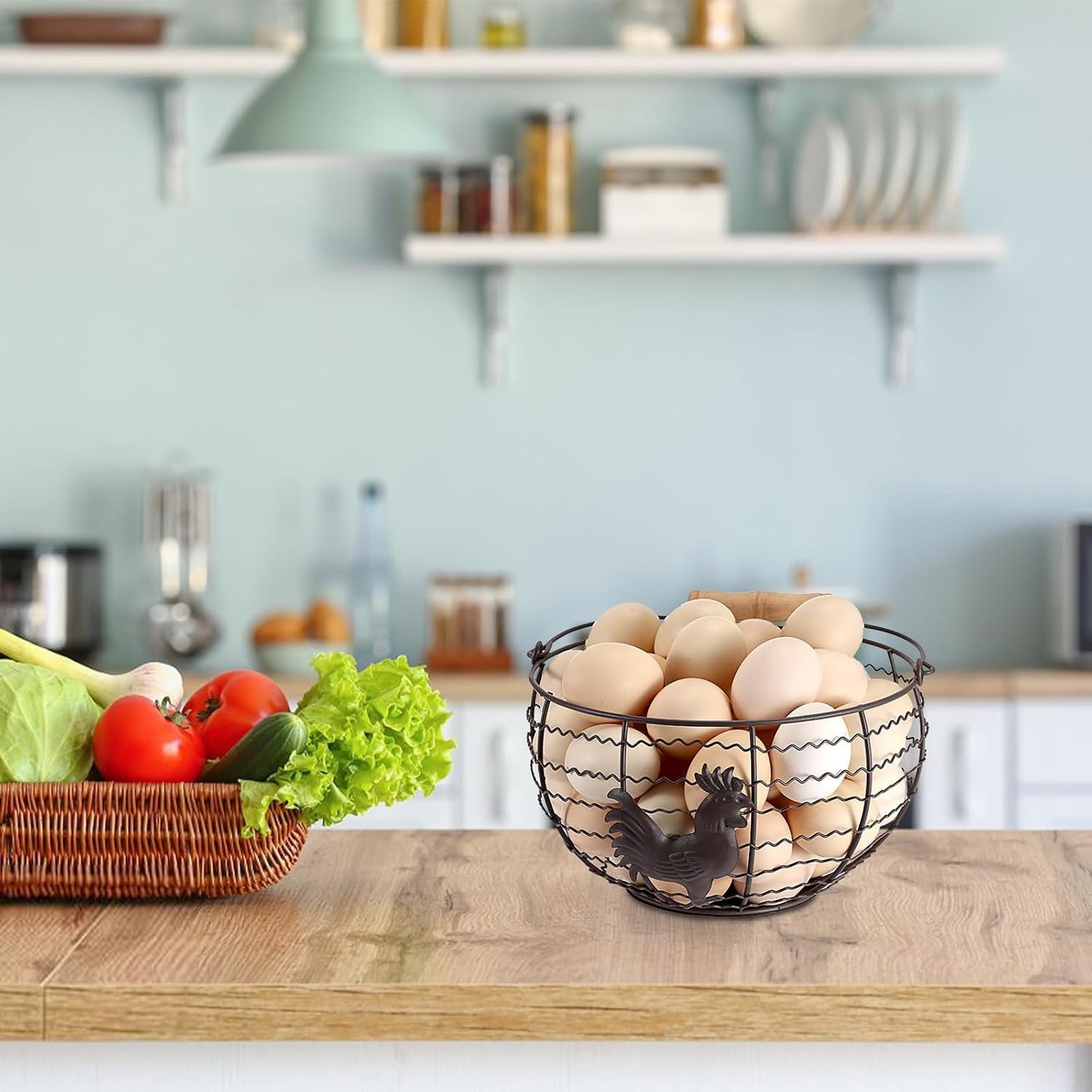 Farmhouse Egg 8'' Basket for Gathering Fresh Eggs, Wire Egg Basket | Chicken Eggs Holder for Countertop Kitchen, Wire Basket with Wood Handle, Vintage Style, Round, Rooster Pattern, Solid Bottom
