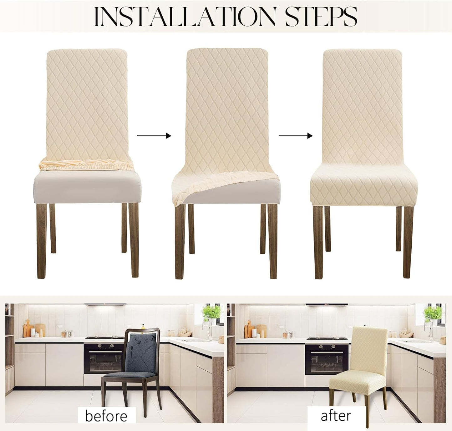 MOSAYT 100% Waterproof Dining Room Chair Covers Set of 4, Super Fit Stretch Jacquard Parson Chairs Slipcovers Removable Washable Chair Seat Protectors for Home, Kitchen, Banquet (Beige)