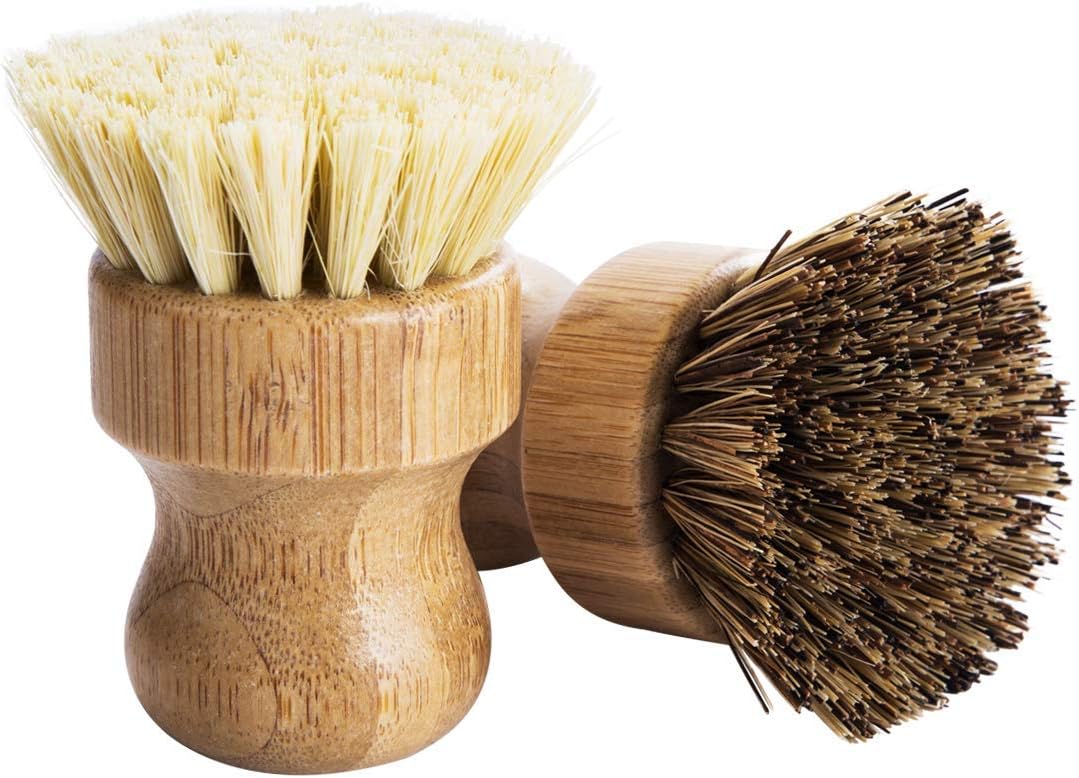 Palm Pot Brush- Bamboo Round 3 Packs Mini Dish Brush Natural Scrub Brush Durable Scrubber Cleaning Kit with Union Fiber and Tampico Fiber for Cleaning Pots, Pans and Vegetables