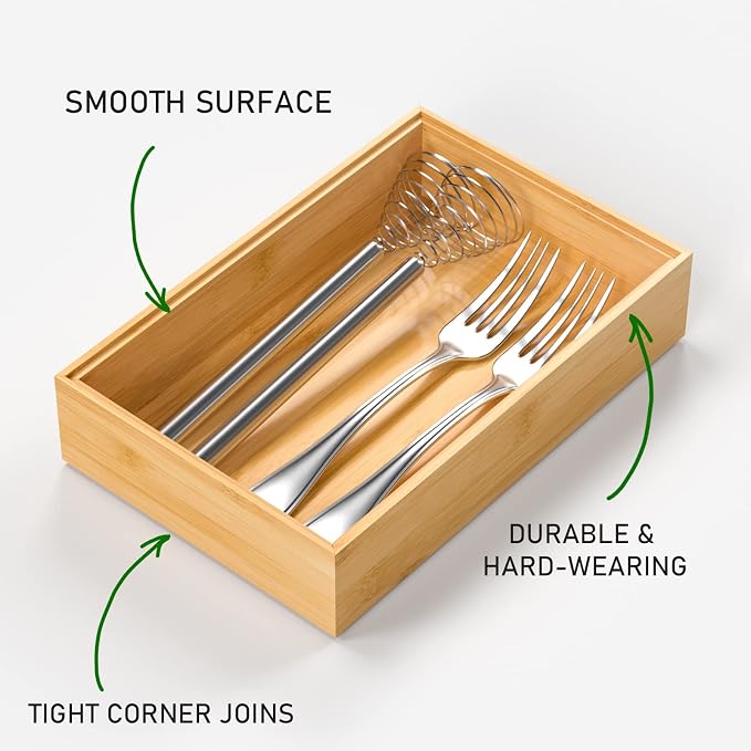Silverware Tray for Drawer, Stackable Kitchen Bamboo Drawer Organizer 9" x 6" x - Image 2