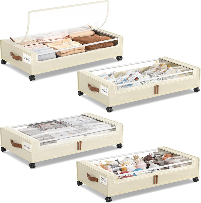 Yecaye 4 Pack Under Bed Storage with Wheels, Under Bed Storage Containers with Lids, Large Under Bed Rolling Storage with Clear Window & Label, Rolling Drawers for Clothes, Blankets, Books
