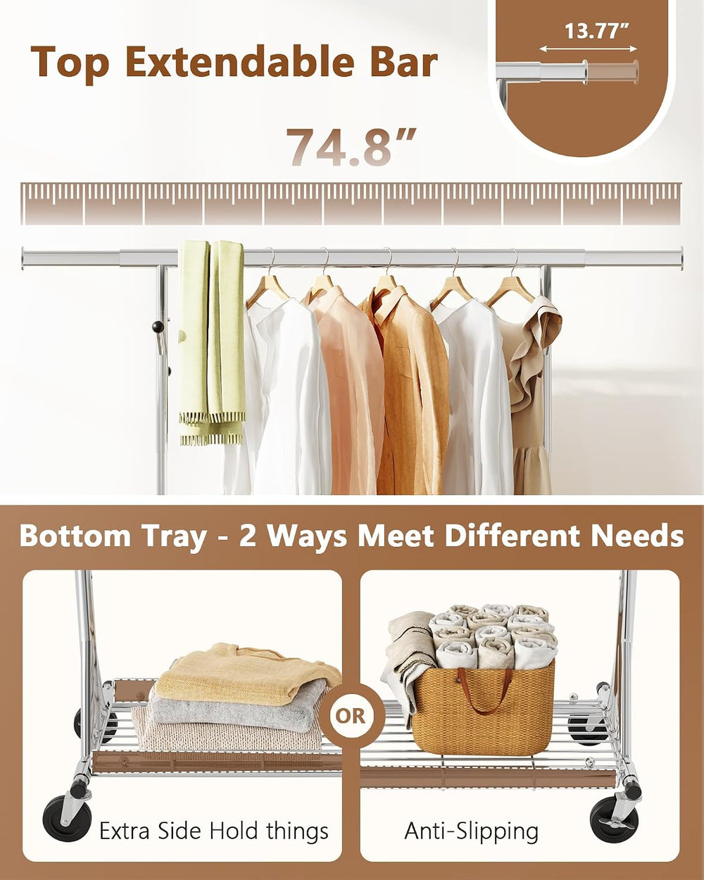 Hoctieon 1-Minute Assembly Clothes Rack, 480 lbs Heavy Duty Rolling Clothing ...