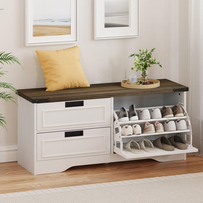 FATORRI Shoe Storage Bench with Flip Drawer, Wooden Entryway Bench, Modern Shoe Cabinet with Removable Drawers for Hallway, Living Room (Walnut Brown & White Oak)