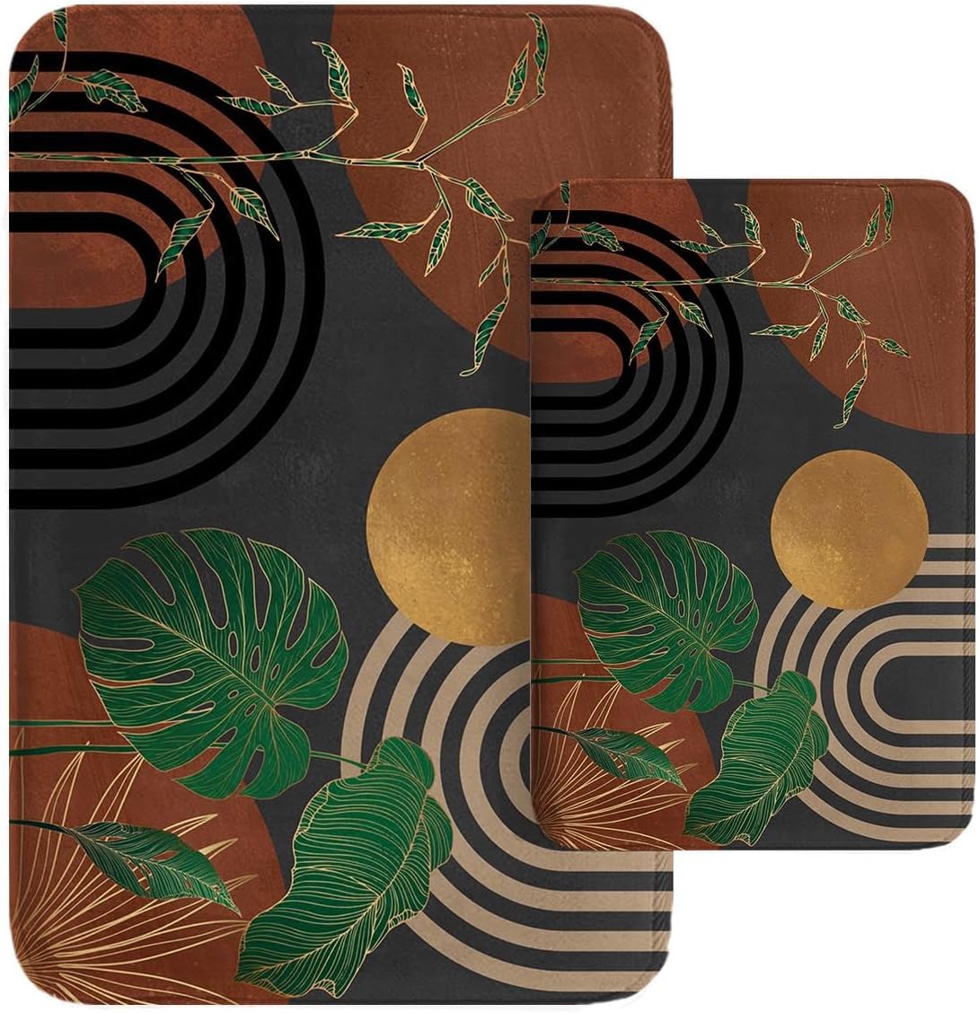 Britimes Boho Abstract Tropical Gold Botanical Bathroom Rug Mat Set of 2, Washable Cover Floor Rug Carpets Floor Bath Mat Bathroom Decorations 16x24 and 20x32 Inches