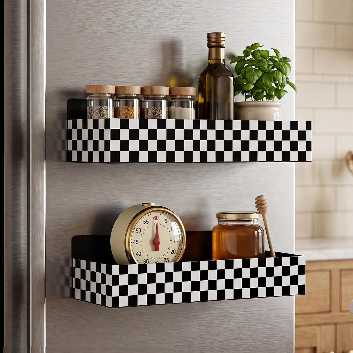 Beeveer 2 Pcs Magnetic Spice Rack for Refrigerator, Checkered | Black and White, Farmhouse Retro Kitchen Decor Accessories, 2 Sizes Metal Storage Shelf for Fridge Spices, No Drilling.