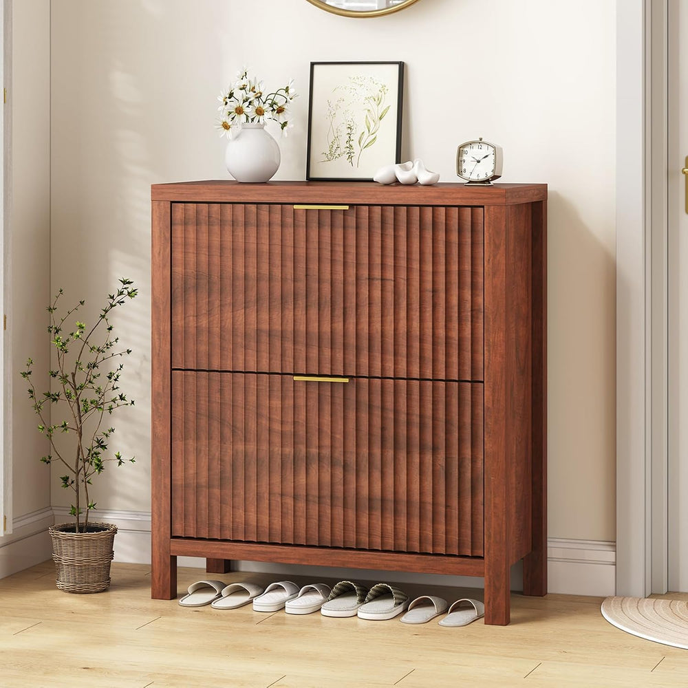 Fluted Shoe Cabinet Storage with 2 Flip Drawers for Entryway, Hallway