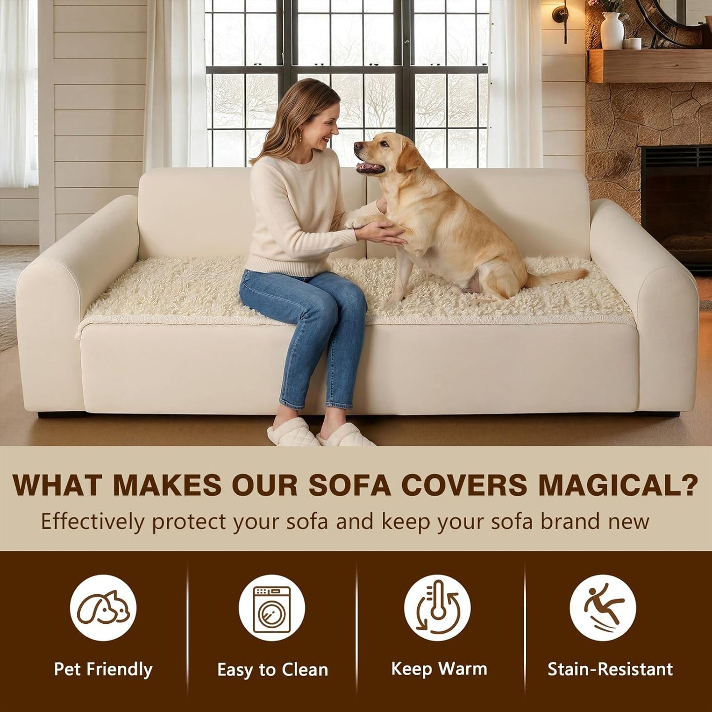 OHSIO Couch Cover for Pets, Washable Non-Slip Sofa Cover Pet Friendly, Soft Fuzzy Teddy Fleece Sofa Slipcover for 2 Cushion Sofa Furniture Protector (Ivory, 27.6" x 59")