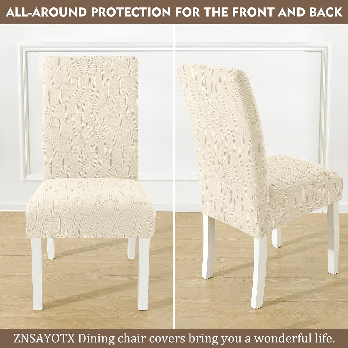 ZNSAYOTX 100% Waterproof Dining Chair Covers Set of 4, Stretch Fit Parson Chair Slipcovers for Kitchen/Living Room/Restaurant/Banquet Chairs, Soft Plaid Jacquard Washable Protector (Beige)
