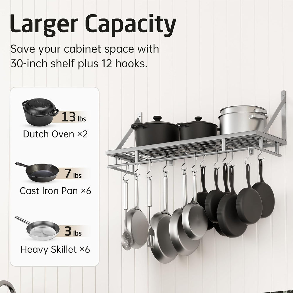 KES 30-Inch Silver Gray Pot Rack with 12 Sturdy Hooks, Wall Mounted