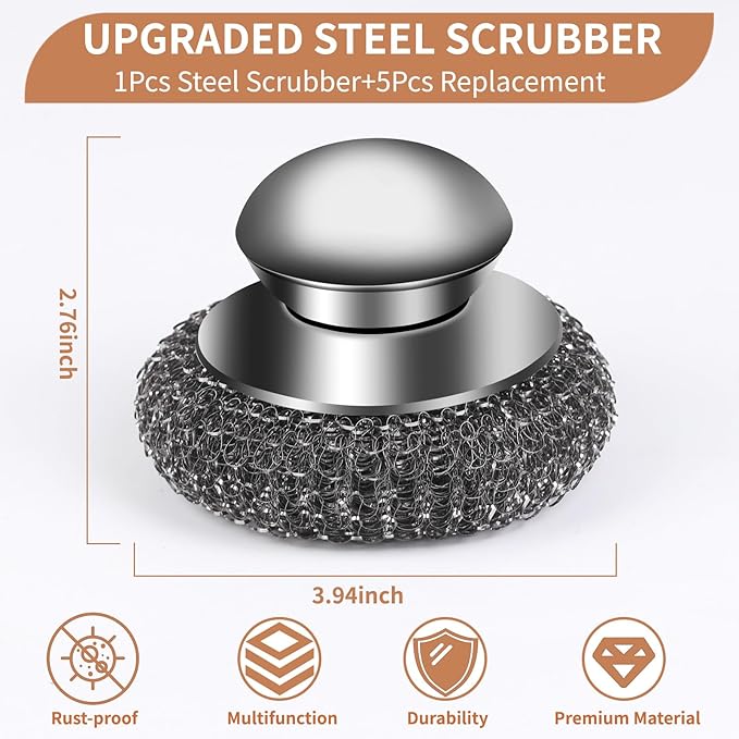 6Pcs Steel Wool Scrubber with Replacement Wire Pads Set, Stainless Steel - Image 3