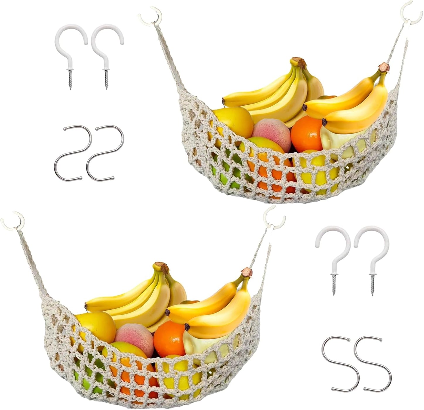 2 Pack Macrame Woven Hanging Fruit Hammock, 13×16in Beige Net | Premium Cotton Fruit Basket with 8 Hooks Under Cabinet Hanging Storage Net for Fruit Veggie Kitchen Home Boat RV