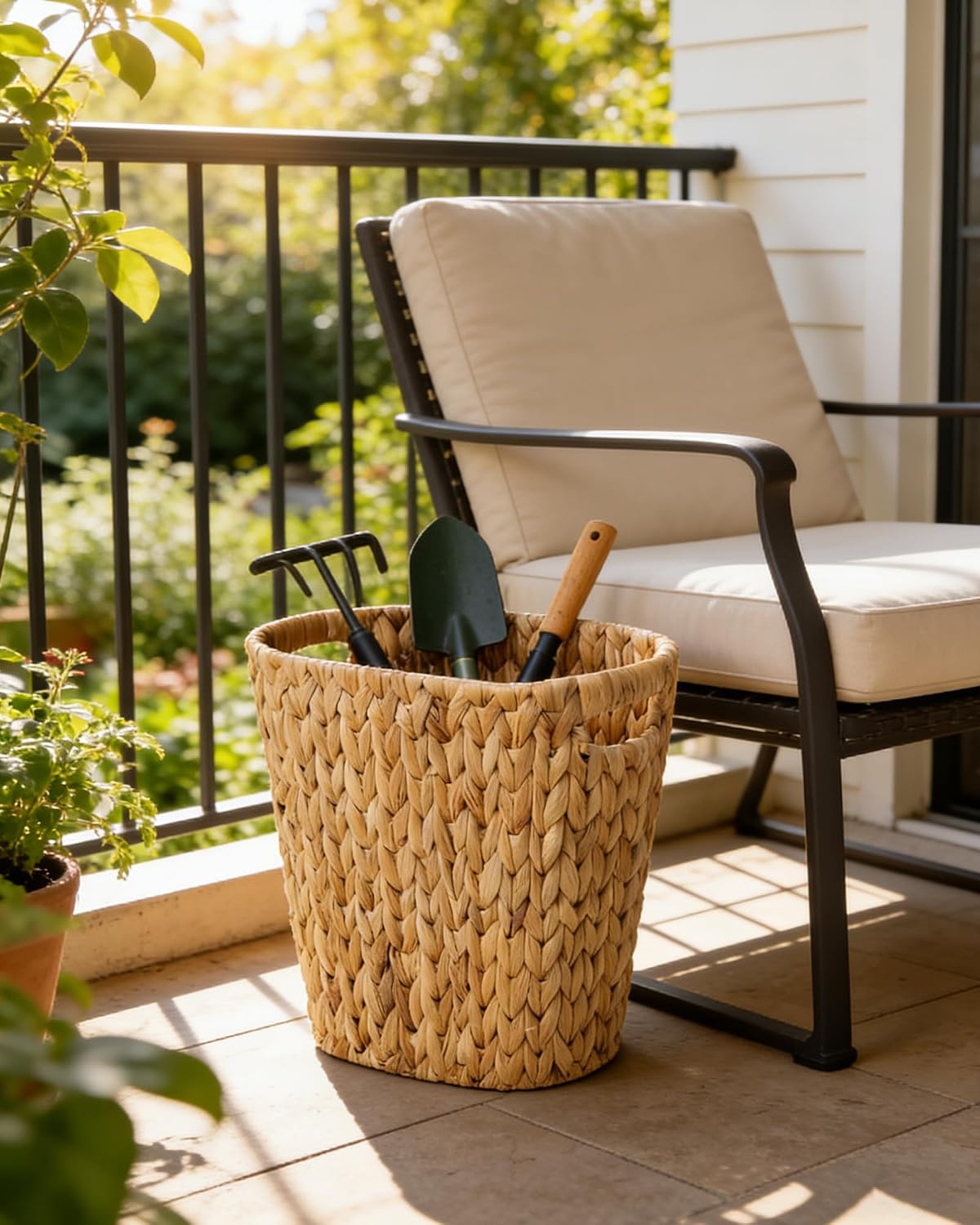 2-Pack Slim Water Hyacinth Trash Can Wicker Waste Basket with Handles | Handwoven water hyacinth over an iron frame with wood handles. Slim oval shape fits bathrooms & offices. Rustic boho decor