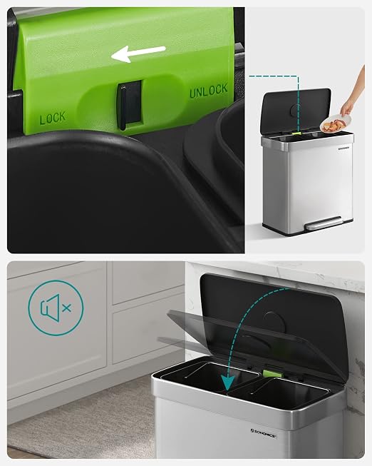 SONGMICS Kitchen Trash Can, 16 Gallon Dual Compartment Garbage Can, 60L Pedal - Image 4