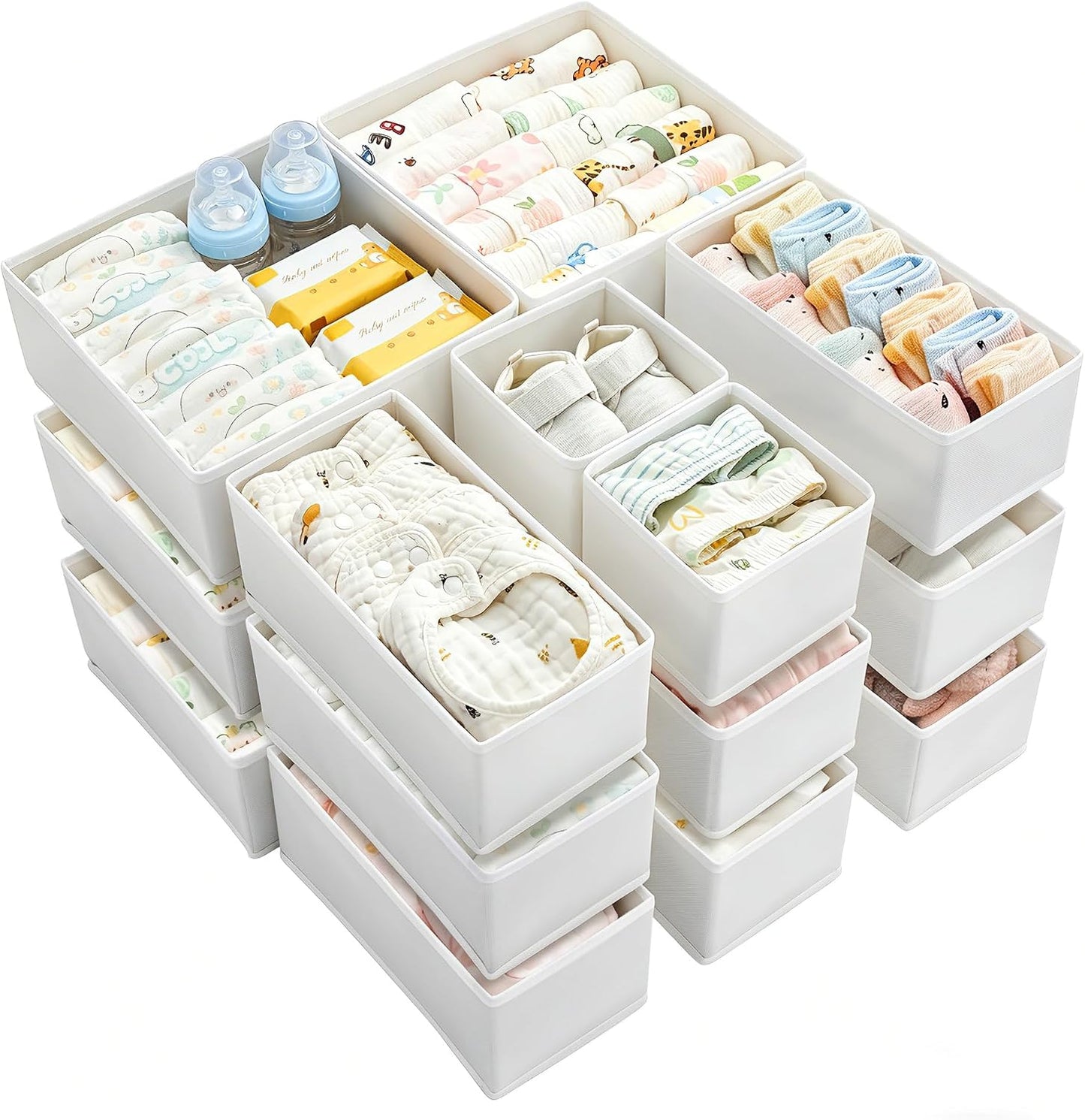 Vtopmart 18 Pack Baby Clothes Organizer, Fabric Drawer Drawer Bins, White | Nursery Drawer Storage, Baby Clothes Organization, Foldable Fabric Bins, Dresser Closet Organizer, Socks, Bras & Accessories