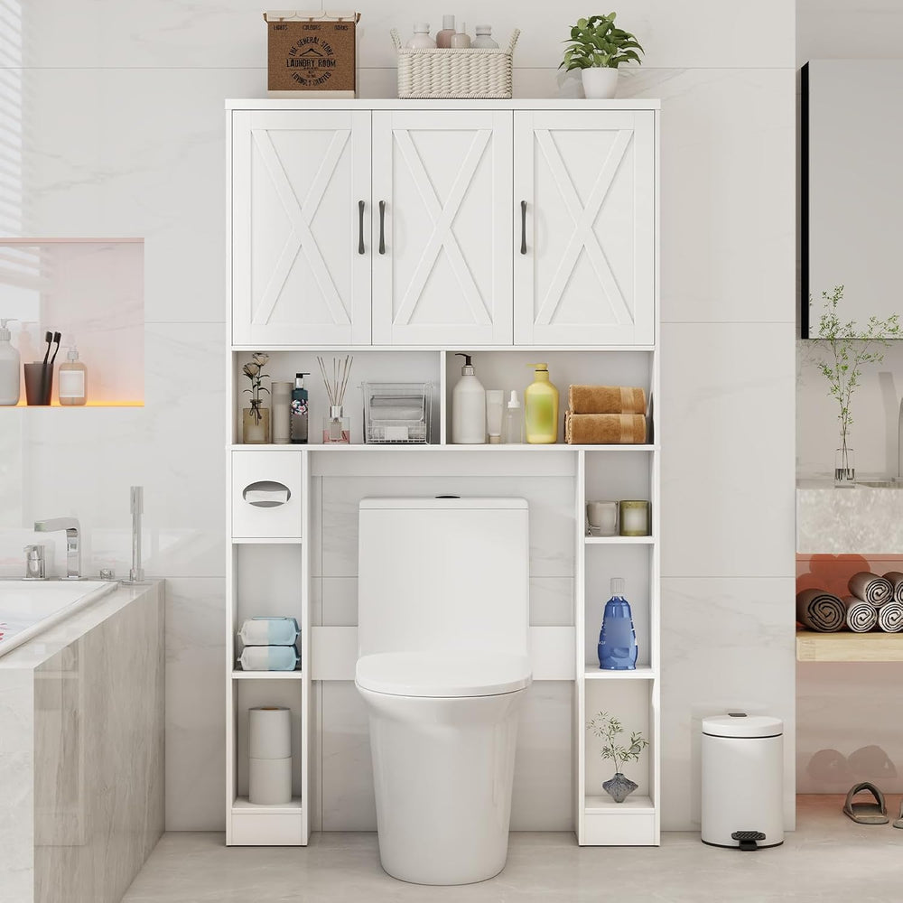 Vabches Over The Toilet Storage Cabinet with 3 Barn Doors.White