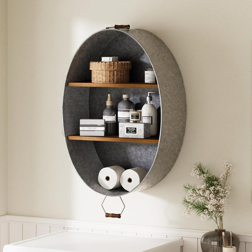 Oakrain Towel Rack with Wood Wall Shelves, Farmhouse Galvanized Wash Tub