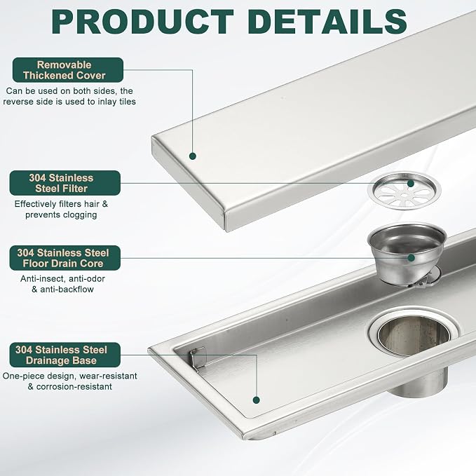 uxcell Rectangular Shower Drain, Brushed 304 Stainless Steel Odor-Proof Floor - Image 3