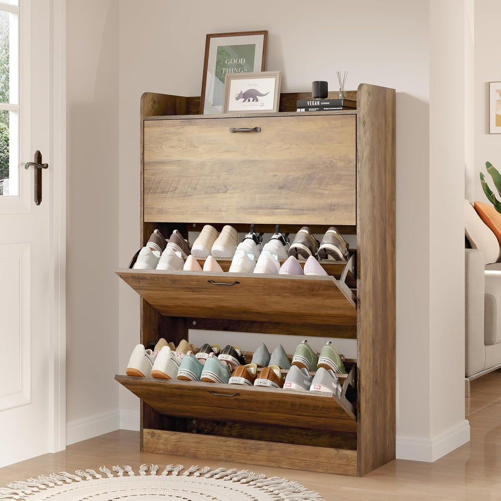 HOMMPA Farmhouse Shoe Storage Cabinet with 3 Flip Drawers, Shoe Cabinet Stora...