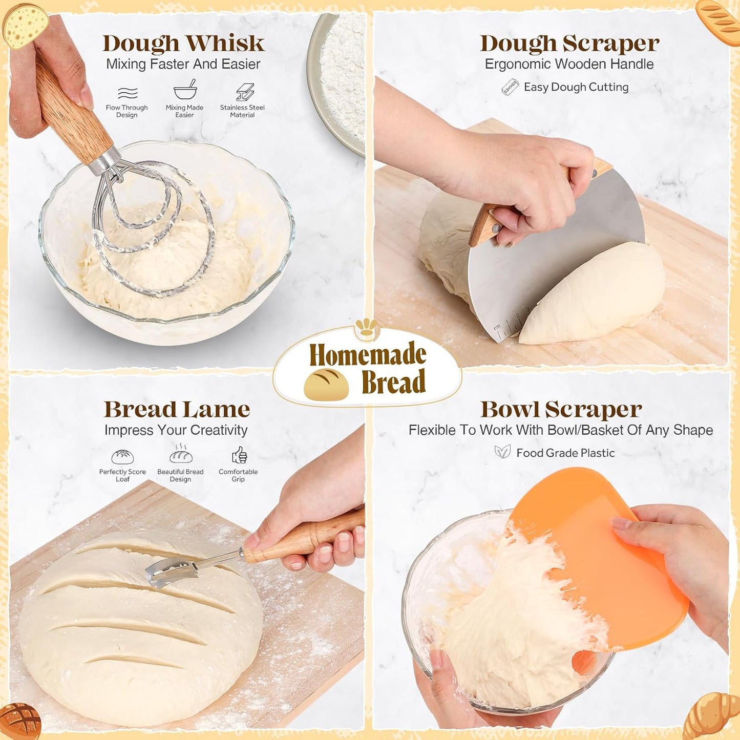 Sourdough Starter Kit with Bread Proofing Baskets, Jars, Baking Essentials | 9 in Round & 10 in Oval Baskets Set, Sourdough Bread Baking Supplies, Sour dough Beginner Kit Gifts for Bakers Women Wife Mom