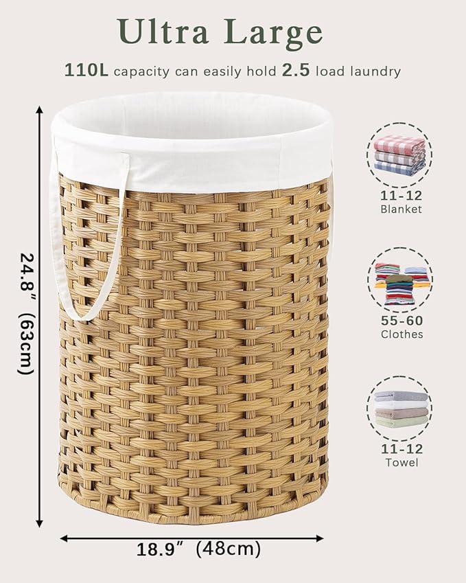 Laundry Basket Round Rattan Laundry Hamper 29.1 Gal Handwoven Large Wicker - Image 5