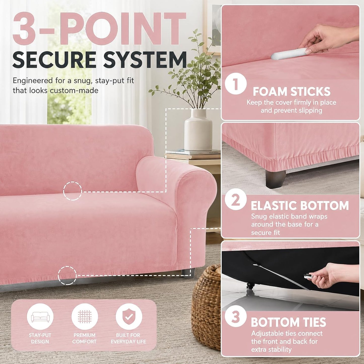 YEMYHOM Real Velvet Extra Large Couch Cover for 3 Cushion Couch 1 Piece Stretch Oversized Sofa Slipcovers Soft 4 Seater Furniture Protector Elastic Bottom for Kids,Pet (91"-110", Dusty Pink)