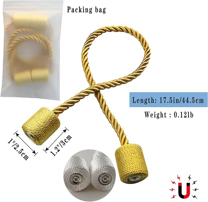 Magnetic Curtain Tiebacks 4 Pack Gold Curtain Rope Tieback Curtain Holders - Image 2
