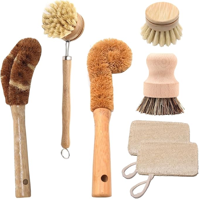 Haploon 7 Piece Wooden Dish Brush Natural, Bamboo Brush Kitchen Set Dish by Haploon