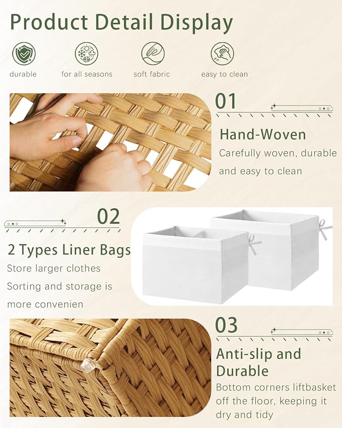 Storage Basket with Lid Rattan Storage Basket with 2 Separate Lid, 27.8 Gallon - Image 3