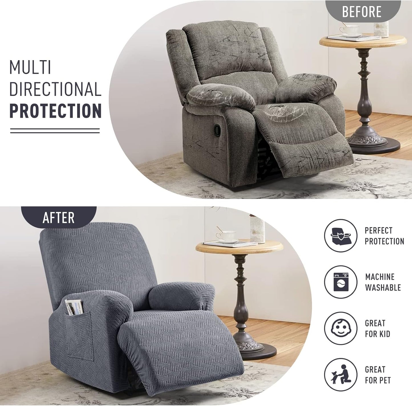 KinCam Recliner Chair Covers, Stretch Reclining Cover, Recliner Sofa Slipcovers Stripe Jacquard Recliner Couch Covers Furniture Protector Covers for Pet Kid (1 Seater, Dark Gray)