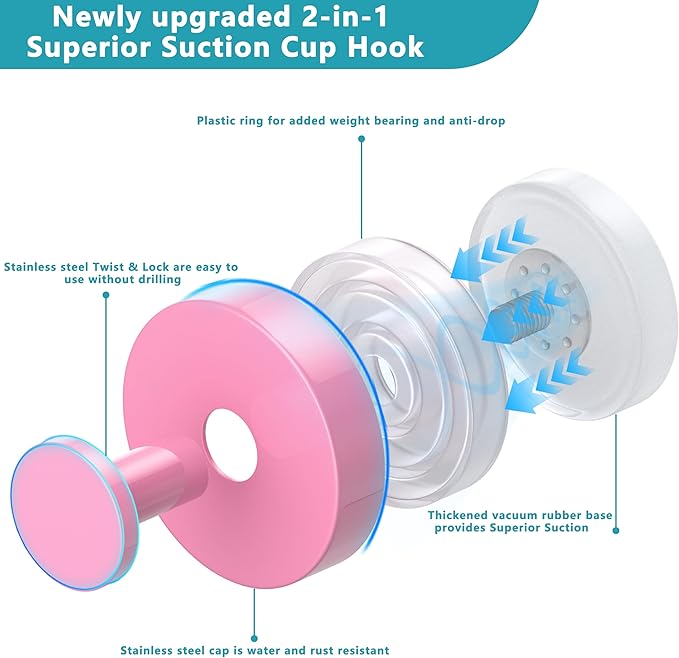 Suction Cup Hooks for Shower, Removable No Drill Towel Hooks, Upgraded 15 lbs - Image 2